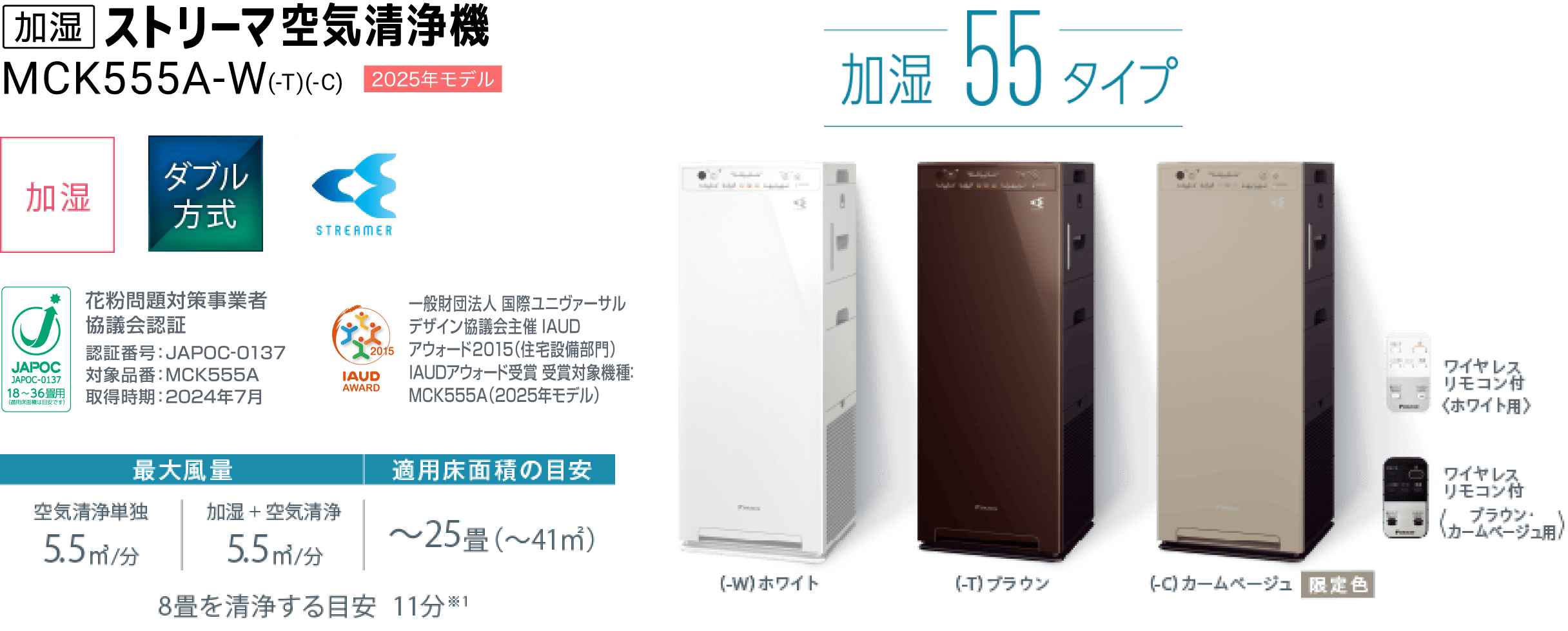 加湿ストリーマ空気清浄機 MCK555A（-W）（-T）（-C）